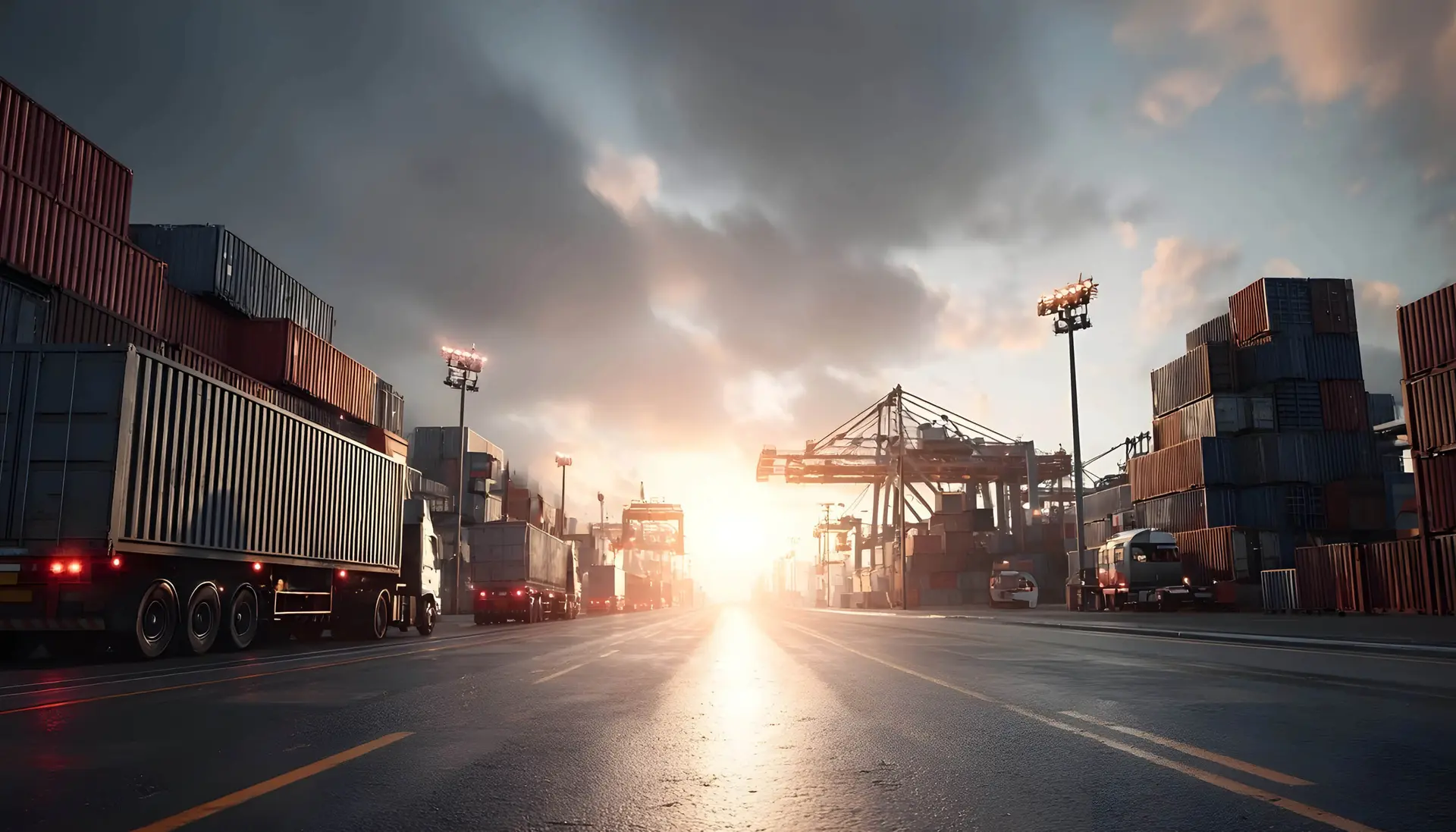 Semi trucks near a freight port at sunset, representing dispatch services for drivers