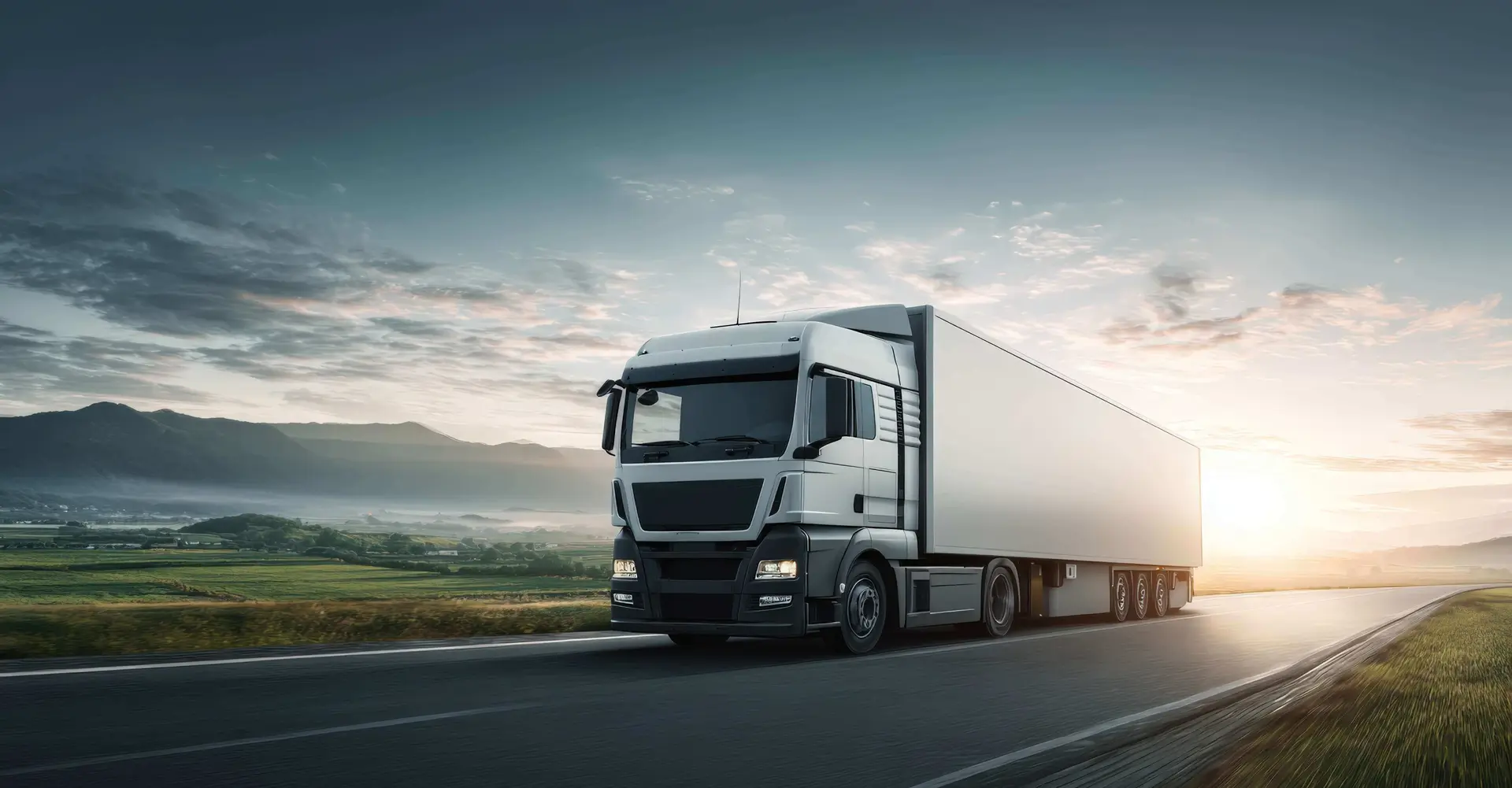 Semi truck traveling on a highway at sunrise