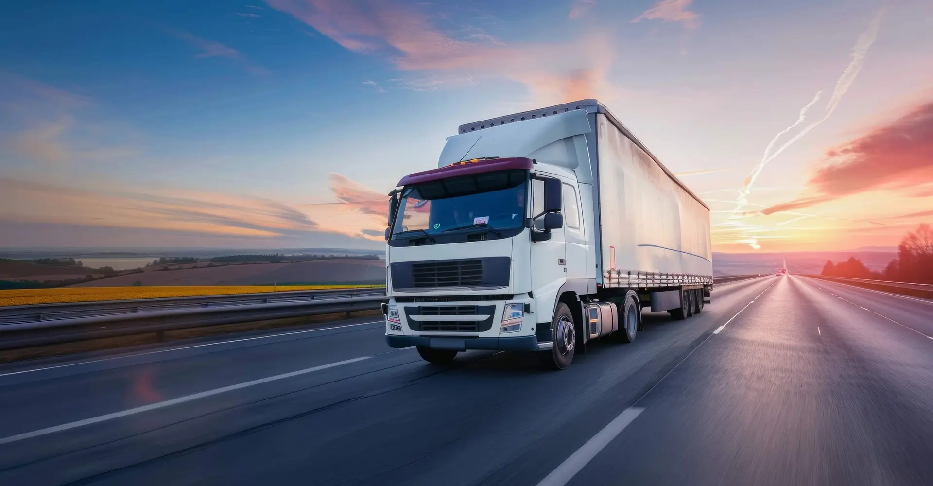 White semi truck driving on an open highway toward a booked load