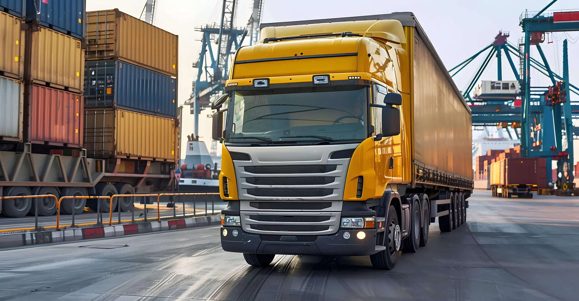 Yellow semi truck hauling a trailer at a freight terminal